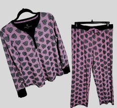 Betsey Johnson Pink &amp; Black Hearts Women&#39;s Large Intimates Flannel Pajama Set - £28.14 GBP