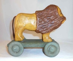 Contemporary Hand Carved Painted Wood Primitive Folk Art Lion Pull Toy on Wheels - £119.54 GBP