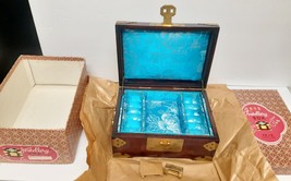 Vtg NEW Signed Shanghai China Wood Jewelry Trinket Box Jade Brass Silk Lined - £98.07 GBP