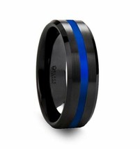 Blue Line Ring in Brushed Black Ceramic - 8mm - £124.31 GBP