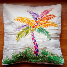 New Handpainted Batik Palm Tree 23X23 Inch Cotton Pillow Cover Bali - $23.38