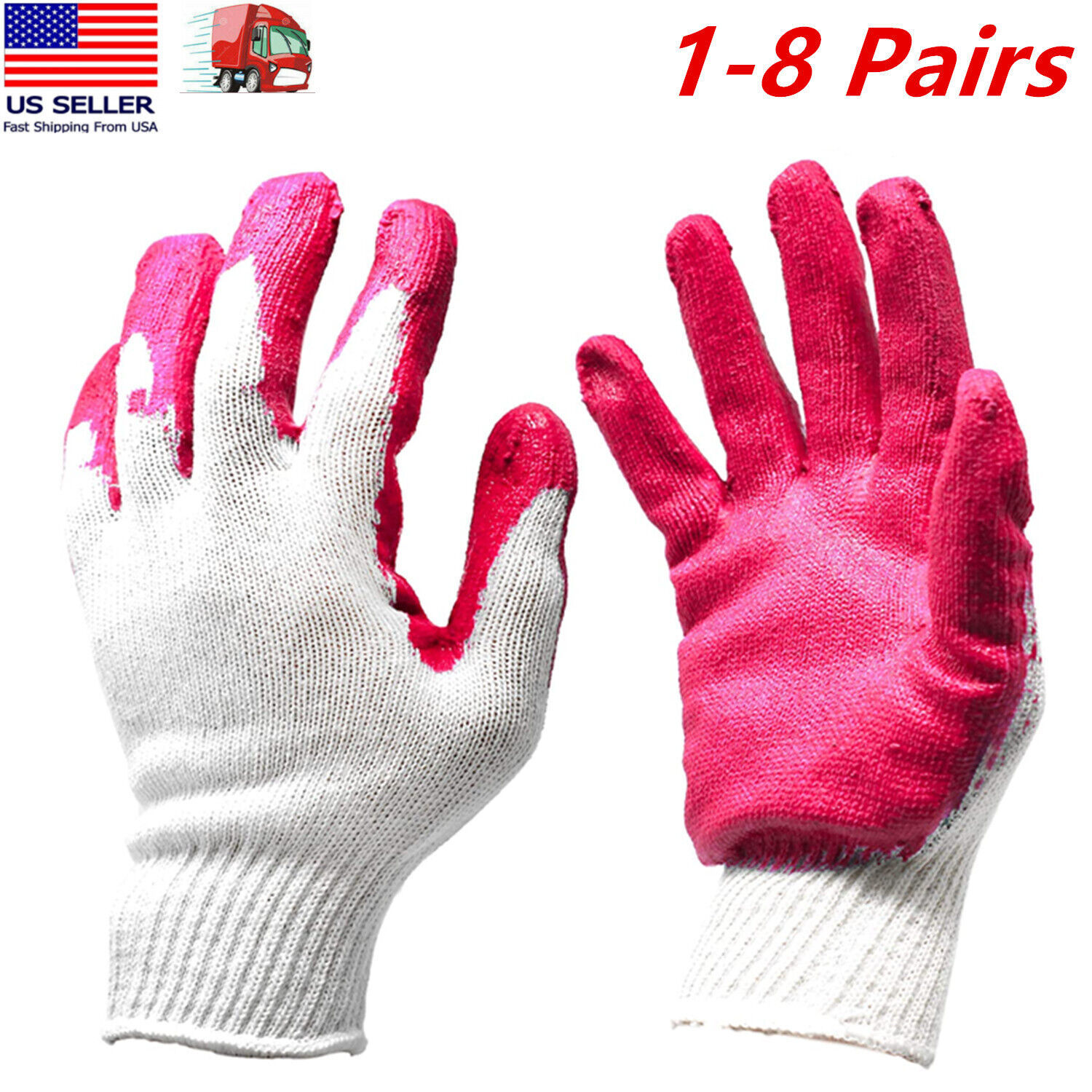 1-8 Pairs Non-Slip Red Latex Rubber Palm Coated Work Safety Gloves Garde... - $4.94+