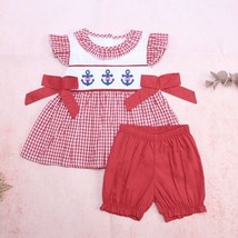 NEW Boutique Anchor Nautical Girls Red Gingham Tunic Shorts Outfit 4th of July - £8.69 GBP