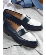 Handmade Men two tone penny loafer shoes moccasins, Blue and white dress... - $167.30+