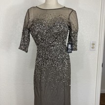 Adrianna Papell Formal Dress Sequined Beaded Illusion Gown Keyhole Back Gray 8 - £175.27 GBP