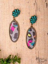 Vinyl Records Turquoise Flower Grey Multicolor Leopard Oval Dangle Earrings - $13.86