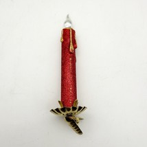 Vintage Candle Clip Christmas Ornament Red/Gold Glitter Hand Blown Glass - $12.99