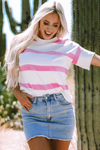 Pink Stripe Dropped Short Sleeve Lightweight Knitted Top - $272.41 MXN