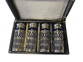 Set of Four Vintage Art Deco Salt and Pepper Silver Shakers Cobalt Glass - £30.56 GBP