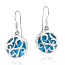 Vintage Lace Filigree Swirl Blue Turquoise Round .925 Silver Dangle Earrings - £15.49 GBP