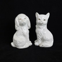White w/Gold Trim Pair of Ceramic Dog &amp; Cat Figurines Puppy Kitty Pets Glossy - £23.15 GBP