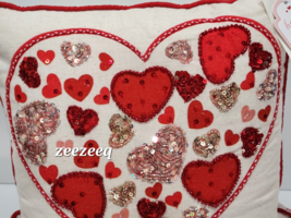 Hearts &amp; Kisses Valentines Red Pink Beaded Hearts Thow Pillow 12&quot; x 12&quot; - £27.45 GBP