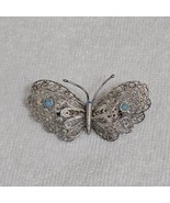 Vintage Silver Filigree Butterfly Brooch Pin with Blue Cabochon Stones 2&quot; - $34.65