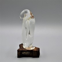 Newbury Handmade Glass Art Penguin Figurine Statue Clear on Wood Base 5&quot; Vtg - $29.02