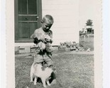 Cat and Little Boy with Arm Load of Kittens Black and White Photo - $27.72