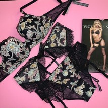 Victoria&#39;s Secret 32DD, 32DDD Bh Set + Strumpfband Schwarz Blumenmuster Applique - £99.70 GBP