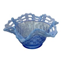 Vintage Fenton Blue Opalescent Bowl Glass Basket Weave Reticulated  Ruff... - £33.63 GBP