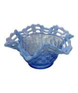Vintage Fenton Blue Opalescent Bowl Glass Basket Weave Reticulated  Ruff... - $57.73 CAD