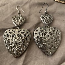 Pierced Earrings Large Silver Heart With Cutouts Dangle 3” Long - £3.35 GBP