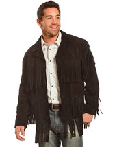 Cow Boy Chocolate Brown Buck Skin Buffalo Leather Men Fringes Coat Jacket - £270.16 GBP