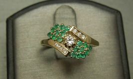 Vintage Retro Estate 14K Yellow Gold Over 1.7Ct Emerald &amp; Diamond Cluster Ring  - £74.73 GBP