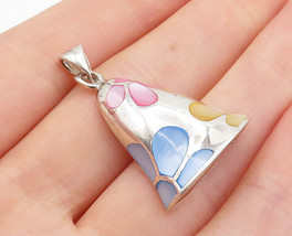 925 Sterling Silver - Blue Mother Of Pearl Floral Pattern Bell Pendant - PT5566 - £22.68 GBP