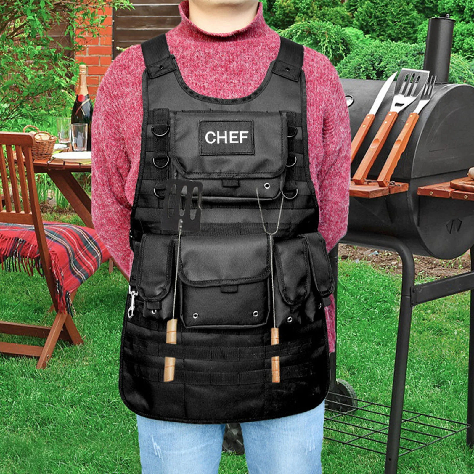 Mens Coo Apron Plate Carrier Vest Design Apron For Men Outdoor Chef BBQ Picnic W - £204.87 GBP