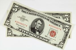 Lot of 2 Consecutive 1963 $5 Red Seal United States Notes Choice to Gem BU - $150.28