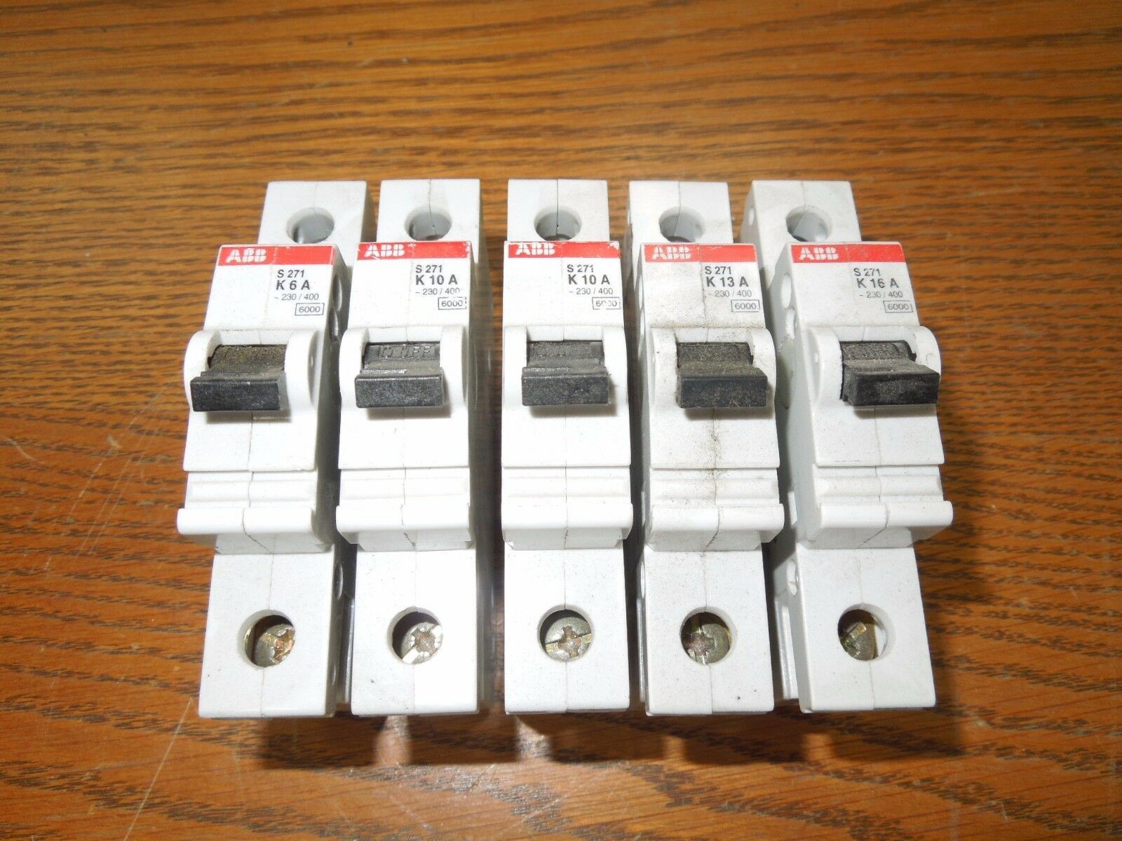 Primary image for Lot of 5- ABB S 271 K 1p Din Rail Mount Breakers (1- 6A, 2- 10A, 1- 13A, 1- 16A)