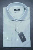 HUGO BOSS Uomo Union Regular Grigio a Righe Cotone Camicia 38 15 34/35 - £50.68 GBP