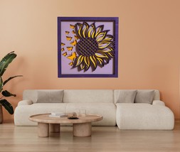 Layered Sunflower Wall Art with Butterflies – Purple &amp; Yellow 3D Wood De... - $42.00