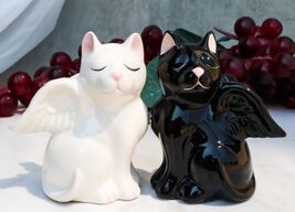 Ceramic Black White Angel Kitty Cats Devil Or Angel Salt And Pepper Shak... - $17.99