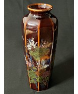 Vintage Octagon Porcelain Satsuma Vase Brown Orange with Flowers Bamboo ... - £19.65 GBP
