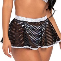 Sheer Fishnet Mini Skirt Metallic Trim Iridescent Silver Stretch Rave Black 6077 - £20.32 GBP