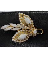 Vintage Flower Brooch Costume Jewelry Milk Glass on Gold Tone Rhinestones - £79.32 GBP
