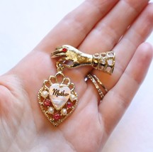 Vintage MOTHER Brooch Heart Rhinestones Faux MOP Gold Tone Valentines Mo... - $17.82