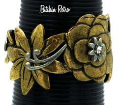 Bohemian Brass Floral Cuff Bracelet   Pewter and Rhinestone Accents   Boho Style - $28.00