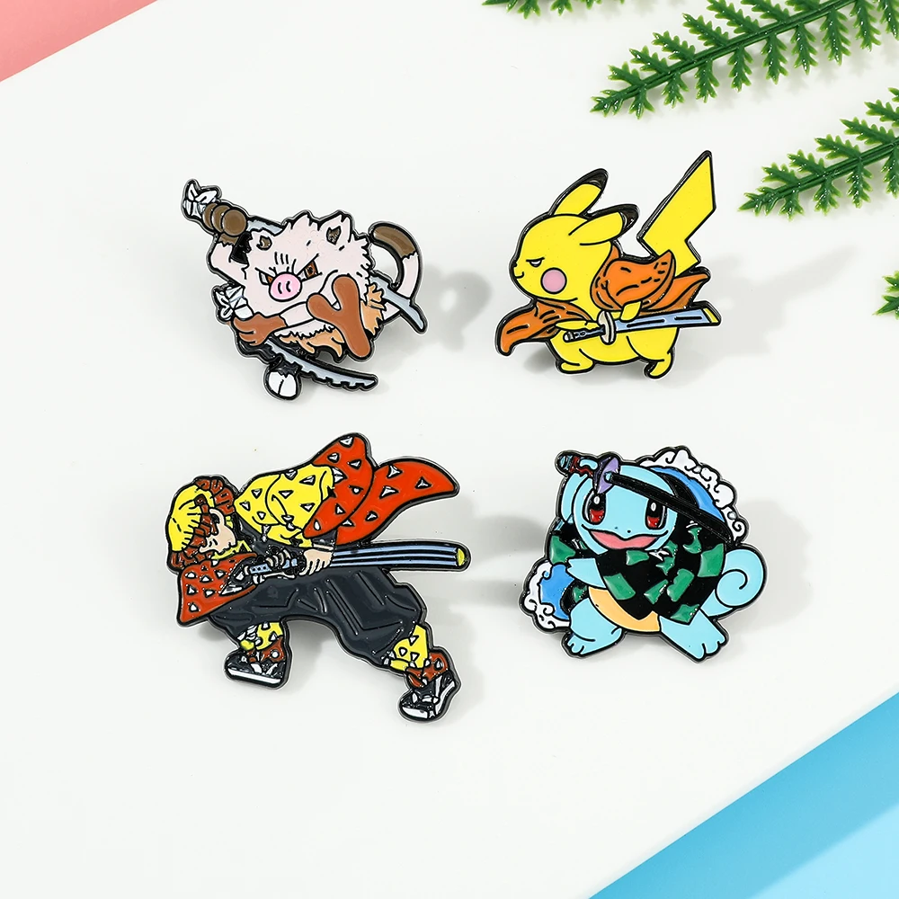 Pokemon Figure Pikachu Squirtle Cosplay Demon Slayer Brooch Lapel Pins for - £6.41 GBP+