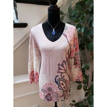 Chico&#39;s Shirt Top Womens Size 2/L Pink Floral Cotton V Neck 3/4 Sleeve P... - $26.73