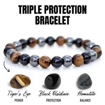 HSE Triple Protection Bracelet Natural Hematite Tiger Eye Black Obsidian Energy  - £11.21 GBP