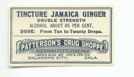 1 Vintage Label Tincture Jamaica Ginger Patterson&#39;s Drug Shoppe Oklahoma City Ok - £18.14 GBP