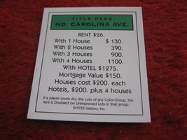 2004 Monopoly Board Game Piece: North Carolina Ave Title Deed - £0.79 GBP