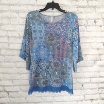 NY Collection Shirt Womens Small Petite Blue Floral Crochet Lace Tunic Top Boho - £16.07 GBP