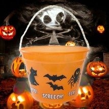 Vintage 90s Halloween Bats Bucket Candy Pail Orange Trick Or Treat Black Cats - £11.75 GBP