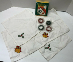 Christmas Holly &amp; Bells Cotton Napkins &amp; Rings Set of 4 - £7.95 GBP