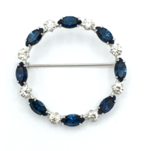 KREMENTZ vintage sapphire blue &amp; clear rhinestone brooch - big 2&quot; circle pin - £19.77 GBP