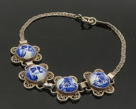 925 Sterling Silver - Vintage Enamel Windmill Scene Chain Bracelet - BT8659 - £47.93 GBP