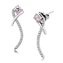 Stainless Steel Pink and Clear CZ Earrings Vertical Curved Design - £10.57 GBP
