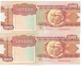 Angola, 500,000 Kwanzas, 1991-02-04, Lot of 2 Consecutive Serial, P134, ... - $11.12