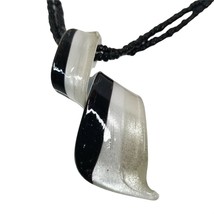 Curled Glass Pendant Striped Black White Silver on Glass beaded Necklace Stripes - $17.94